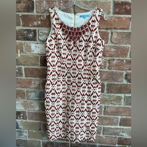ANTONIO MELANI Red & Cream Patterned Jewel-Neck Sheath Dress